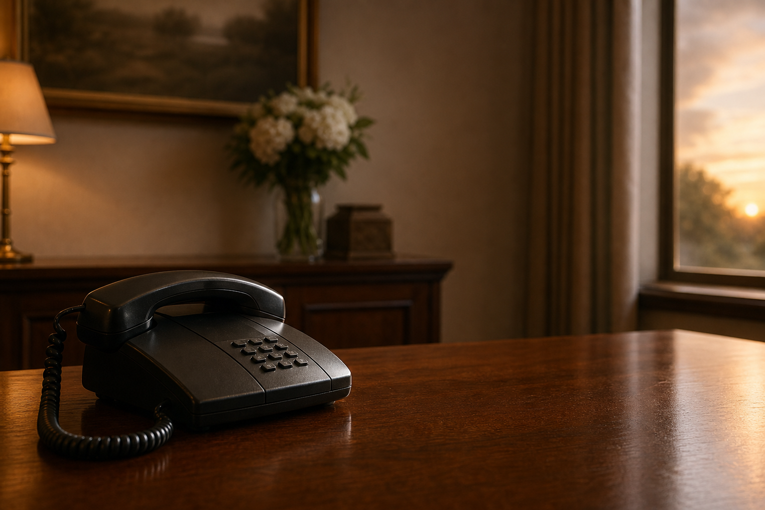 A softly lit landline telephone on a wooden desk in a quiet funeral home office at dusk