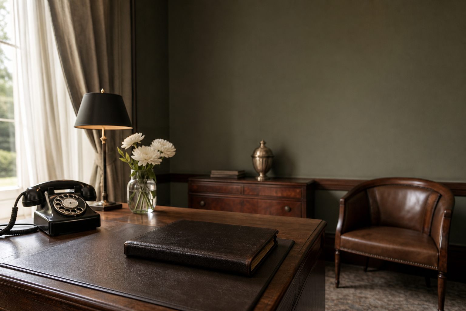Empty vintage wooden desk with a rotary phone and a closed appointment book in soft natural light