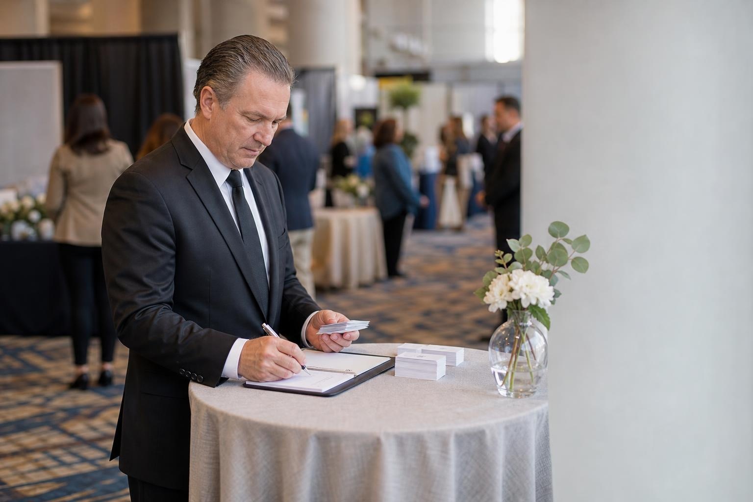 A funeral director reviewing notes and business cards at a conference hall table after a trade show session