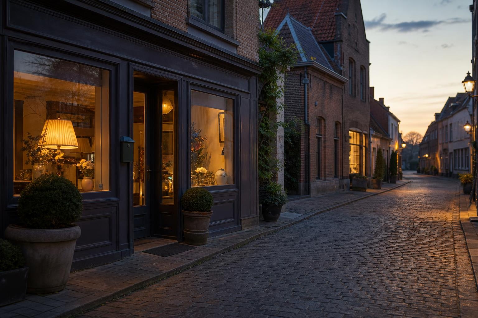Een klein, traditioneel uitvaartcentrum aan een rustige Vlaamse dorpsstraat, met warme verlichting in de avondschemering